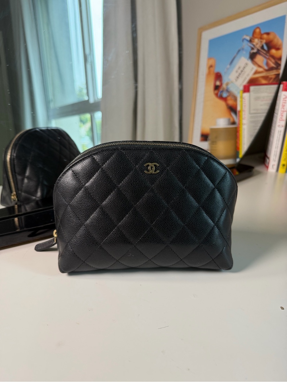 CHANEL Black Quilted Leather Cosmetic Case with Gold CC